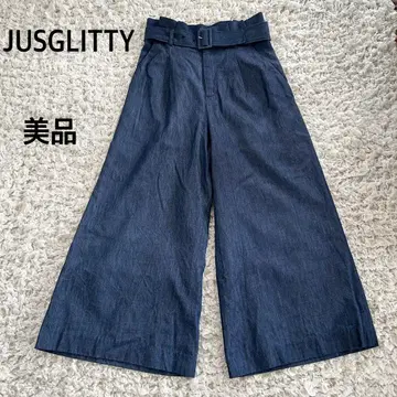 새상품급 JUSGLITTY 벨트 포함 와이드 팬츠 데님 인디고 염색 광택