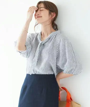 23구 LIBECO 린넨 보타이 볼륨 슬리브 블라우스 5L~
