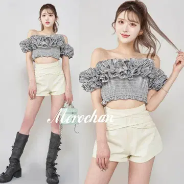 Darich 깅엄 체크 오프 숄더 상의 BLK