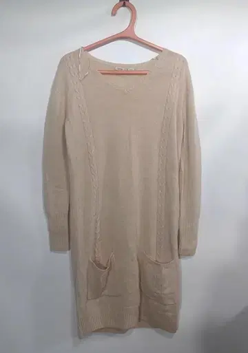 베이지 케이블 니트 롱 원피스