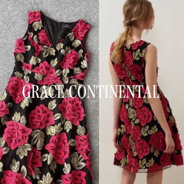 GRACE CONTINENTAL 배색 로즈 원피스 무릎 기장 장미 패턴