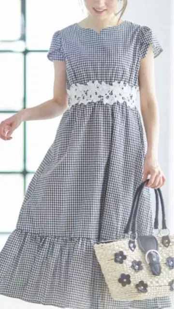 tocco closet 허리 레이스 하트 넥 체크 원피스 M