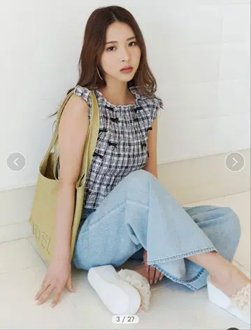스나이델 리본 셔링 TOPS 탑 티셔츠 체크