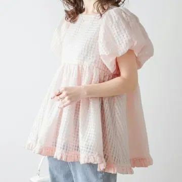 AMELY 푹신한 소매 깅엄 체크 상의 핑크