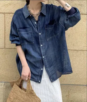 미사용품 Dou Dou 소매 리브 시어 데님 셔츠 블루