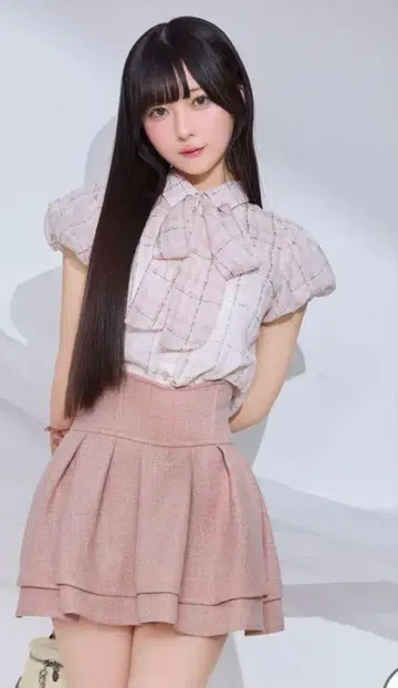 미셸 마카롱 체크 리본 블라우스 트위드 스커트 핑크 슬림 레그 엘레강트