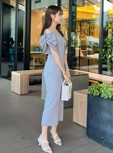rienda 2WAY 볼륨 슬리브 타이트 원피스 블루 [완판템]