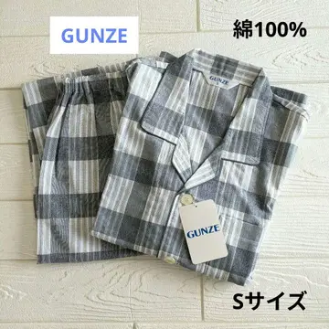 GUNZE 남성용 체크 무늬 긴팔 파자마 S 사이즈 그레이 면 100%