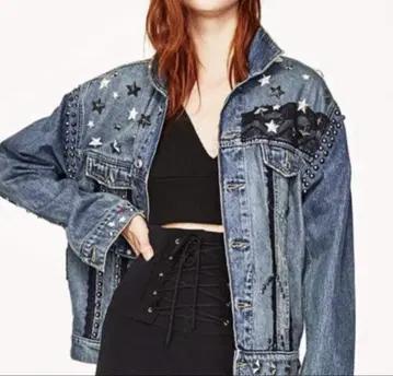 ZARA 데님 자켓 여성용 스터드 별 하트 레이스 장식