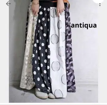 새상품급 안티쿠아 허리 리브 패턴 절개 롱 스커트 린넨 도트 레이스