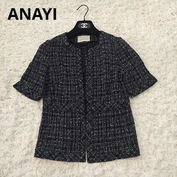 ANAYI 아나이 트위드 하프 슬리브 자켓 노카라 반팔 네이비