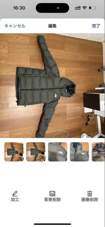 올리브 그린 후드 부착 다운 자켓