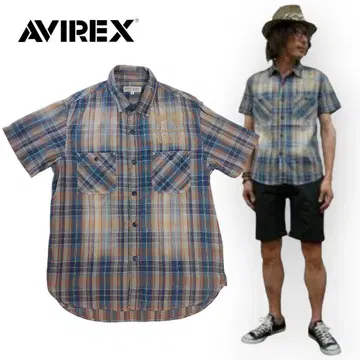 AVIREX 아비렉스 반팔 인디고 체크 워크 셔츠 L