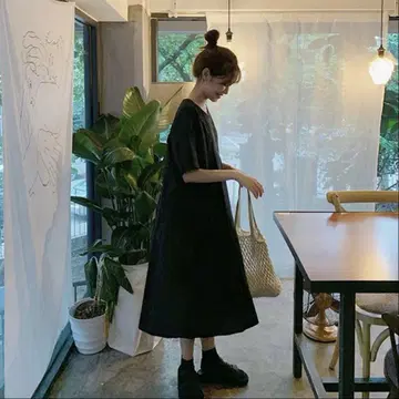 느긋한 원피스 심플 블랙 한국 세련된 내추럴 여름