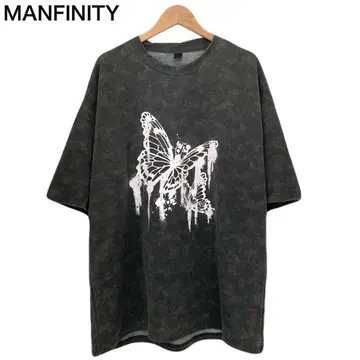 MANFINITY 애니멀 나비 프린트 반팔 둥근넥 넉넉한 티셔츠 L