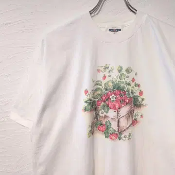 90년대 저지 딸기 과일 티셔츠 정원 플라워 화이트