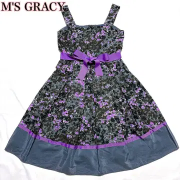 M'S GRACY 퍼플 블랙 허리 리본 레이스 꽃 원피스