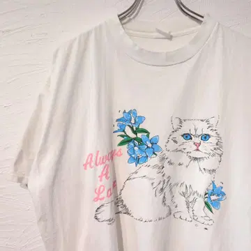 90년대 싱글 스티치 고양이 티셔츠 플라워 화이트 고양이 빈티지