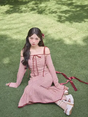 M me eme 깅엄 체크 앙상블 롱 원피스