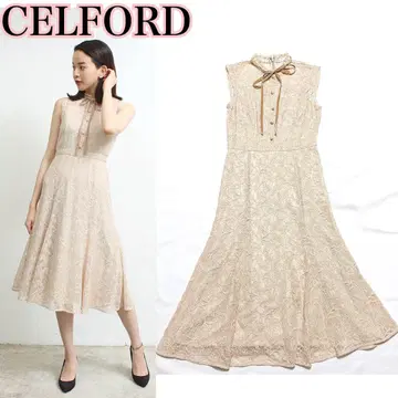 CELFORD 셀포드 레이스 베이지 롱 보타이 리본 드레스