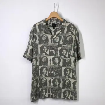 H&M 밥 말리 올 패턴 오픈 카라 레이온 셔츠 M 사이즈 그레이