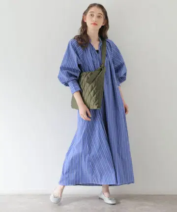 심플리시떼 스트라이프 볼륨 슬리브 셔츠 원피스 롱 블루