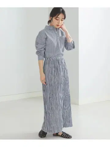 빔즈 하트 스트라이프 셔츠 원피스 블루 허리밴딩 플레어 면