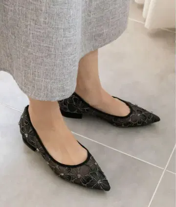 펌프스 시어 플라워 플랫 펌프스 22.5cm 블랙