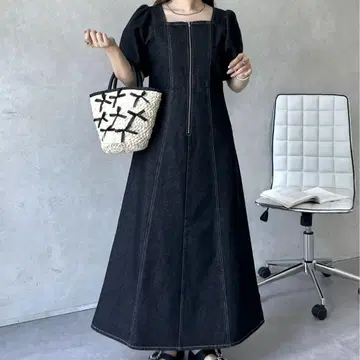 데님 블랙 롱 원피스 반팔