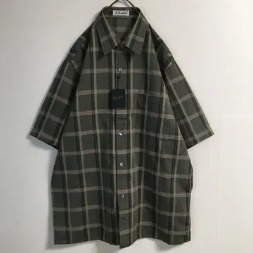 데드스탁 일본제 린넨 혼방 셔츠 비침 체크 남성용 그린 그레이