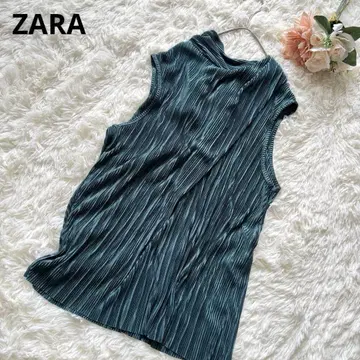 ZARA 자라 슬리브리스 컷 티셔츠 플리츠 리본 그린