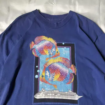 90s 빈티지 싱글 피쉬 티셔츠 애니멀 네이비 퍼플