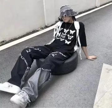 리메이크 데님 블랙 데님 재구성 데님 팬츠 데미지 그런지 한국