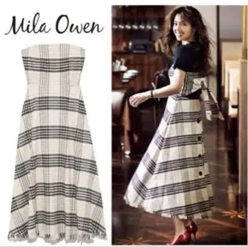 Mila Owen 프린지 헴 베어 원피스 체크 롱 베이지 O