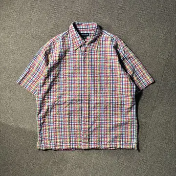 lands end 시어서커 박스 컷 체크 셔츠 반팔 L