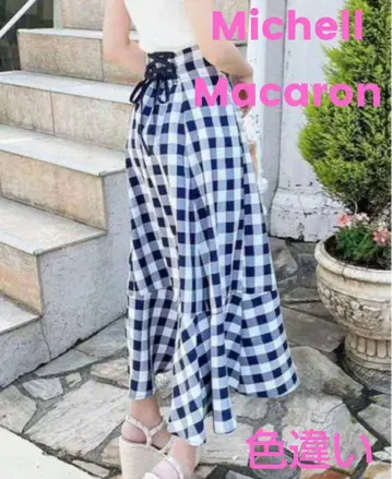 Michell Macaron 깅엄 체크 플레어 스커트 하이 웨스트