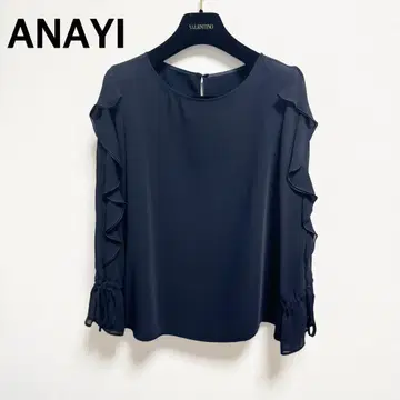 컨디션 최상 ANAYI 프릴 소매 블라우스 네이비 드레이프감 리본 38