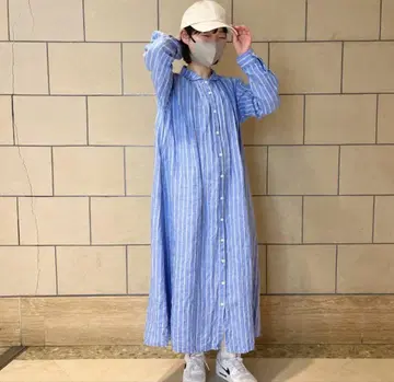 무인양품 MUJI 린넨 워싱 긴팔 셔츠 원피스 블루 스트라이프 L