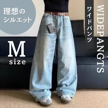 배기 데님 팬츠 M 배기 팬츠 와이드 실루엣 하이 웨스트 극세