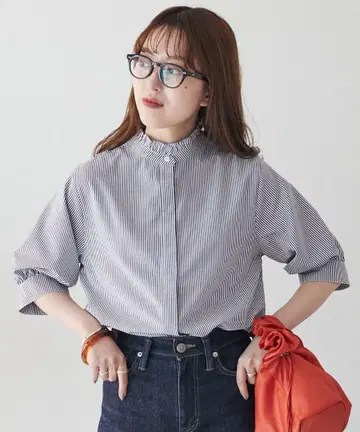 택 포함 새상품 스트라이프 패턴 오리 소매 셔츠 프릴 칼라 디스코트