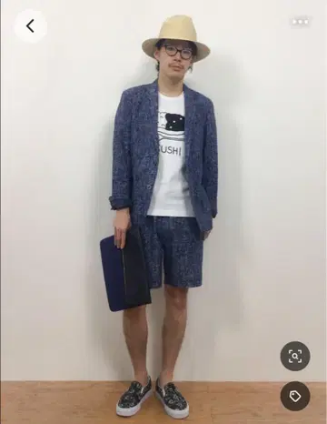 네이비 체크 무늬 테일러드 자켓 셋업