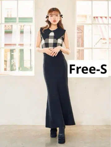 darich 다리치 빅 칼라 깅엄 체크 니트 롱 원피스
