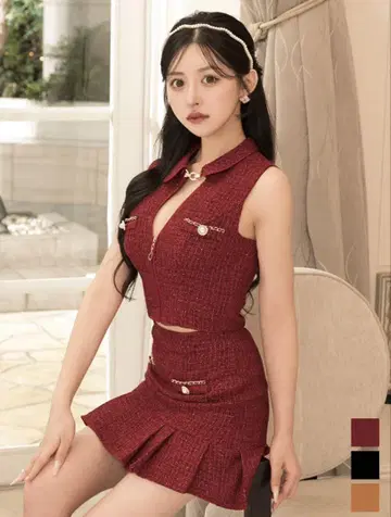 레드 트위드 플레어 드레스