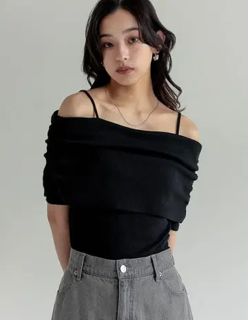 2WAY 리브 컷 티셔츠 반소매 오프숄더 상의