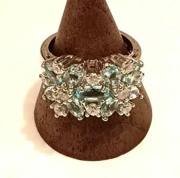 새상품급 925 실버 플라워 모티브 반지 아쿠아 마린 파베