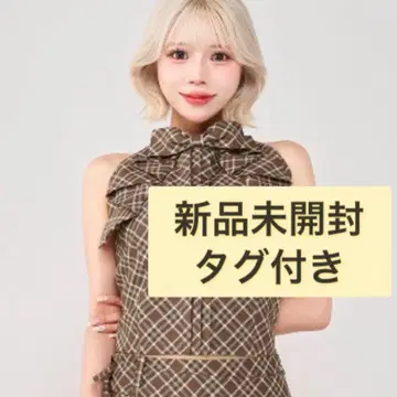 택 포함 새상품 다리치 리본 체크 슬리브리스 블라우스 브라운