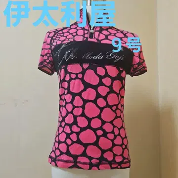 컨디션 최상 핑크와 블랙 도트 무늬 하프 지퍼 티셔츠