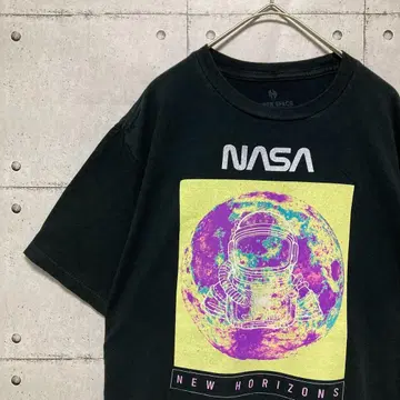 구제 의류 NASA 티셔츠 기업 로고 우주 비행사 빅 프린트 블랙 M