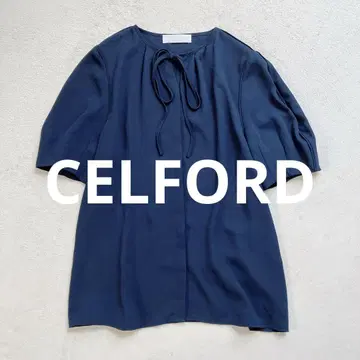 CELFORD 파이핑 보타이 블라우스 36 반팔 블라우스 네이비
