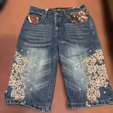 마야스미 일본풍 패턴 벚꽃눈 자수 데님 하프 팬츠 M